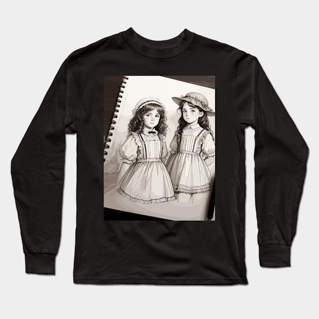 Pencil drawing. Portrait of twin girls Long Sleeve T-Shirt by CatCoconut-Art